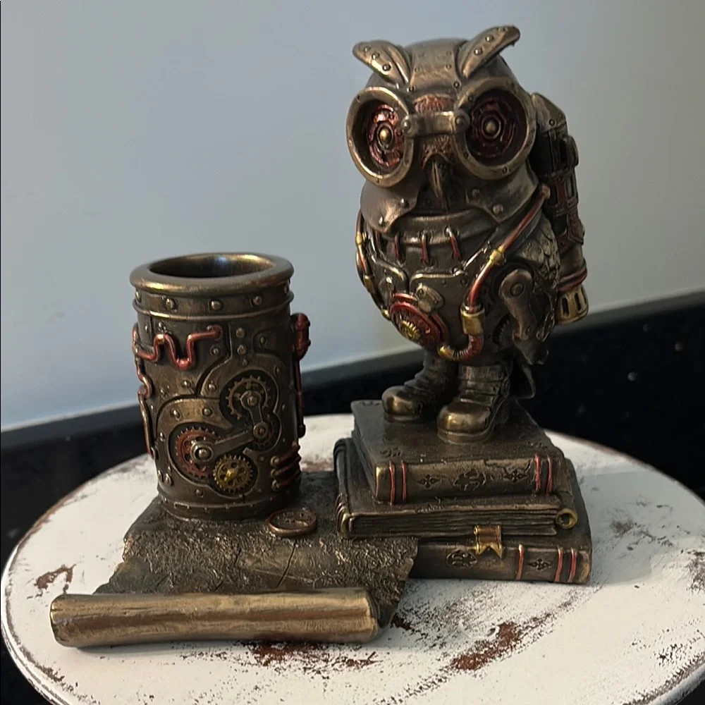 Steampunk Owl Cell Phone Pen Desk Statue Figurine Bronze Aviator Space Halloween